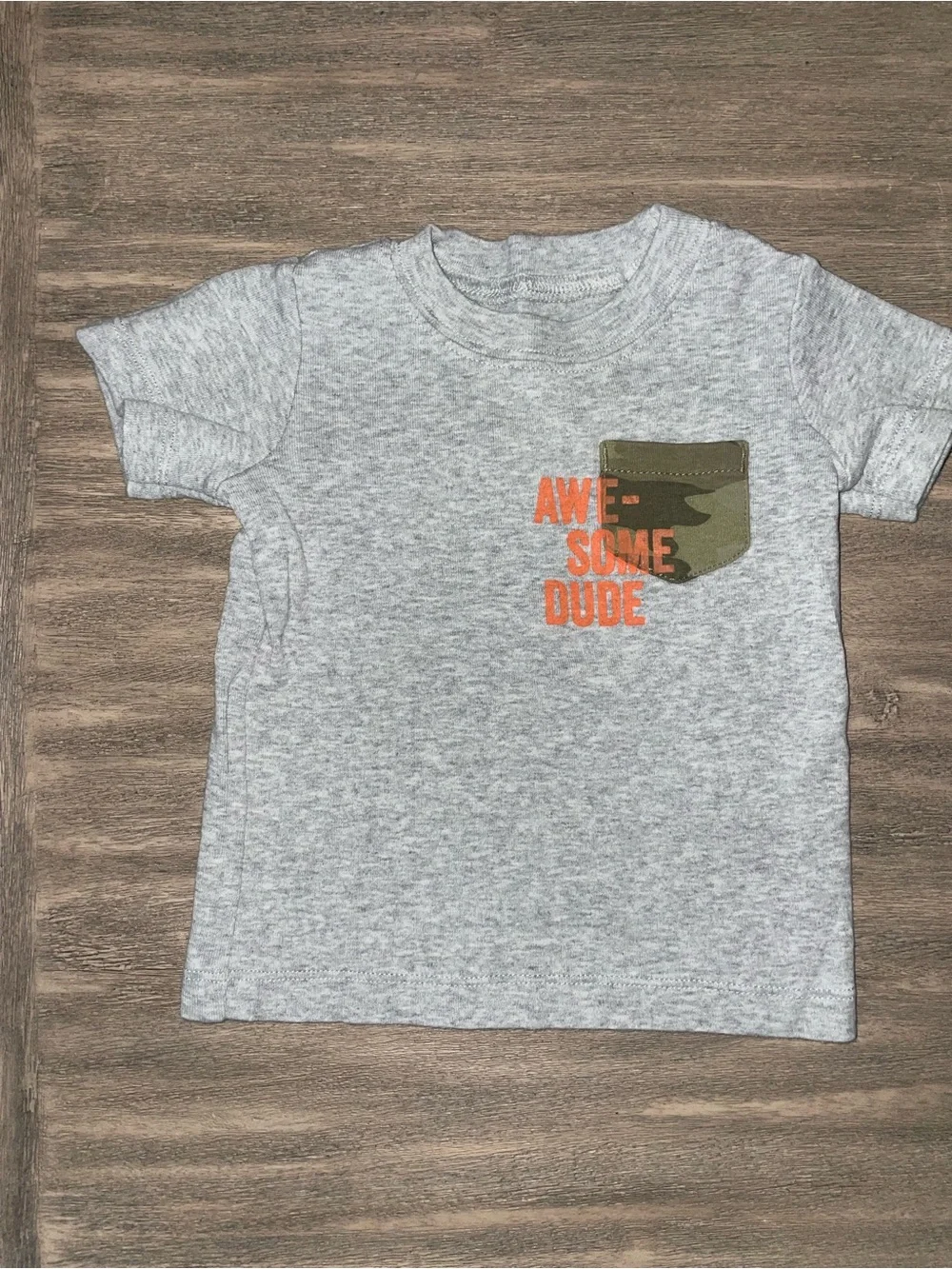 Carter's Gray Tee with Camo Pocket and Orange 'Awesome Dude' Text